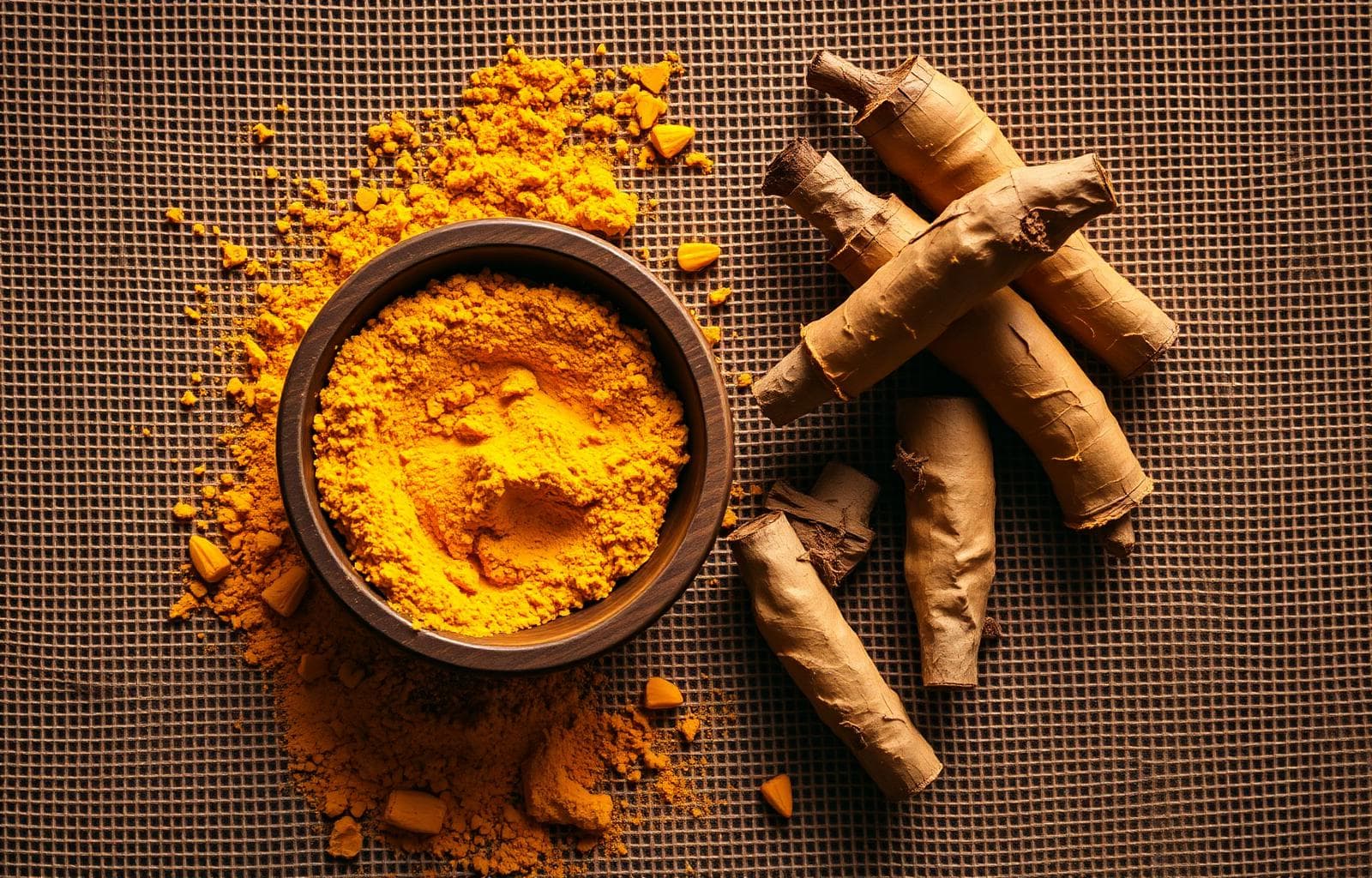 Premium turmeric powder in wooden bowl